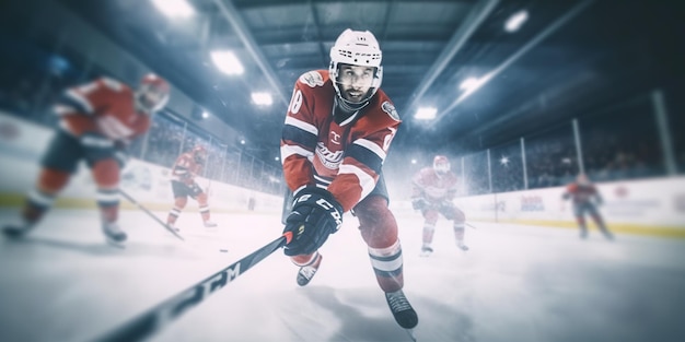 Hockey Un joueur de hockey professionnel balance son bâton Les joueurs de hockey portent des casques et des gants sur le terrain