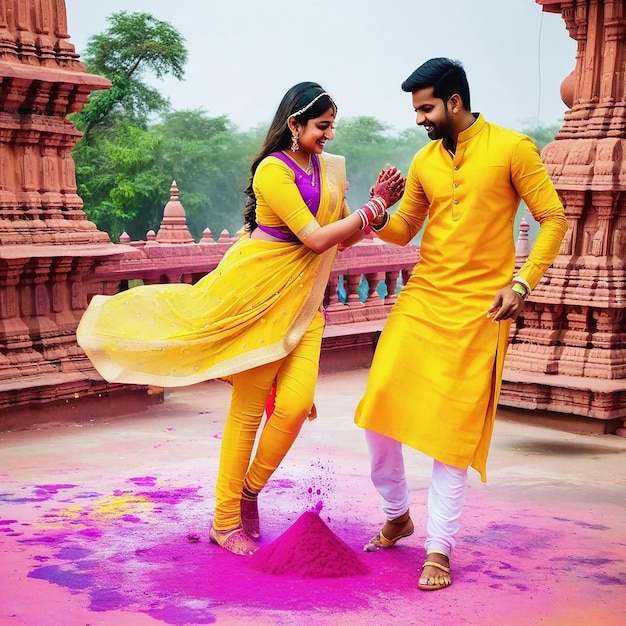 Holi jouant sur un temple indien couple rouge vert kurta pejama saree indien sur une fille hindoue