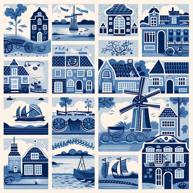 Hollandais bleu de Delft Paper Holland moulin à vent paysage bleu delft carreaux hollandais design