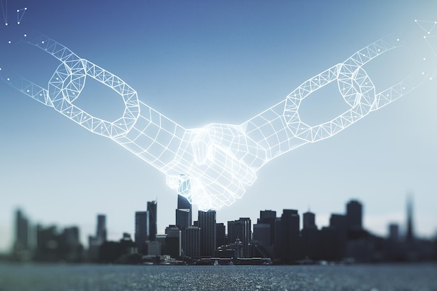 Hologramme abstrait de technologie blockchain virtuelle avec poignée de main sur fond d'horizon de San Francisco Transferts d'argent numérique et concept de décentralisation