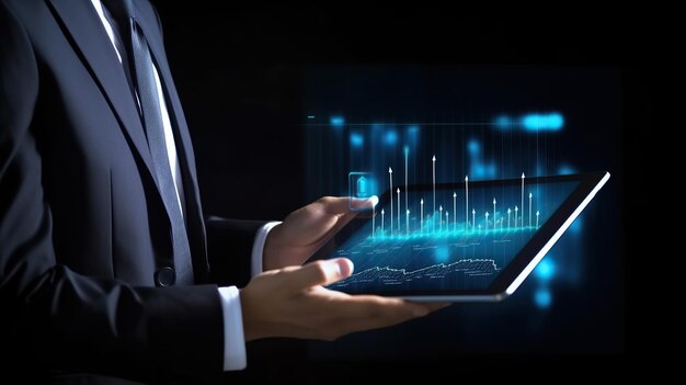 hologramme d'analyse de données sur une tablettehomme d'affaires regardant l'analyse des donnéesinvestisseur augmentant la part des bénéfices rapport sur le marché boursier réunion ou discussion de graphiques et de graphes au bureau