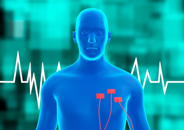 Hologramme bleu du corps humain Arythmie cardiaque manque de rythme dans l'illustration 3D du rythme cardiaque