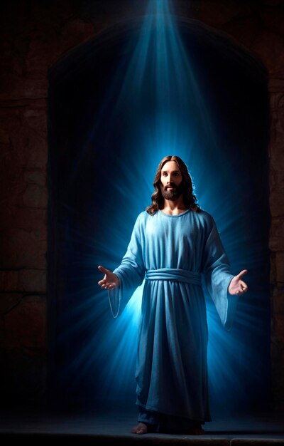 Hologramme bleu de Jésus dans une pièce sombre.