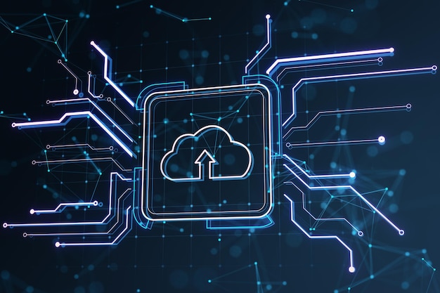 Hologramme de bouton de circuit carré créatif avec une icône de nuage sur un fond sombre Technologie et concept d'informatique en nuage Rendering 3D