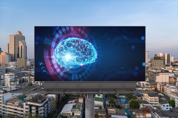 Hologramme cérébral sur panneau d'affichage avec fond de paysage urbain de Bangkok au coucher du soleil Affiche publicitaire de rue Vue de face Le plus grand pôle scientifique d'Asie du Sud-Est Codage et science de pointe