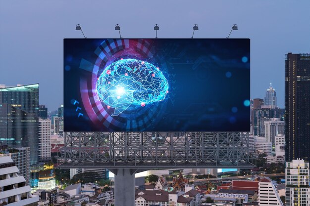 Hologramme cérébral sur panneau d'affichage avec fond de paysage urbain de Bangkok au coucher du soleil Affiche publicitaire de rue Vue de face Le plus grand pôle scientifique d'Asie du Sud-Est Codage et science de pointe