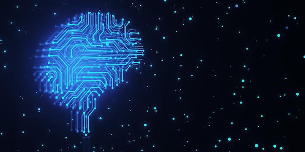 Hologramme de circuit cérébral créatif sur fond noir étoilé avec maquette de lieu 3D Rendering