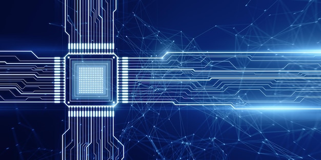 Hologramme de circuit à puce large brillant créatif sur fond sombre CPU et métaverse concept rendu 3D