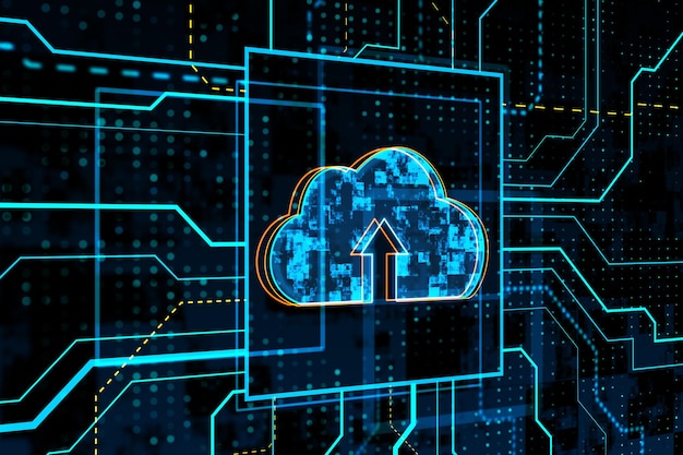 Hologramme de cloud computing de circuit rougeoyant sur fond sombre Concept de base de données et de serveur Rendu 3D