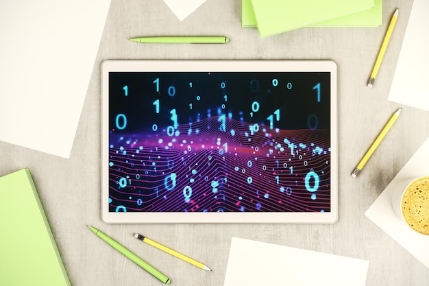 Hologramme de code binaire abstrait créatif sur écran de tablette numérique moderne Concept d'IA et d'apprentissage automatique Vue de dessus Rendu 3D