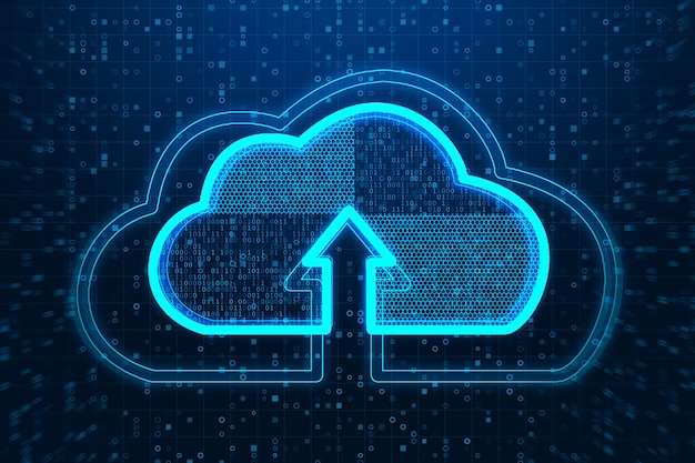 Hologramme créatif de nuages lumineux sur fond de code binaire sombre Cloud computing et concept de base de données Rendu 3D