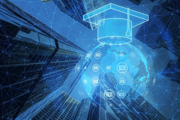 Hologramme d'éducation en ligne brillant et créatif sur un fond flou de la ville Concept d'apprentissage électronique et de cours Double exposition
