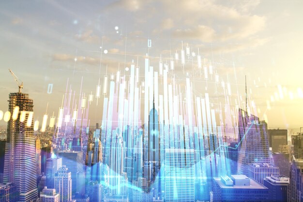 Hologramme de graphique financier virtuel abstrait sur fond d'horizon de New York forex et concept d'investissement Multiexposition