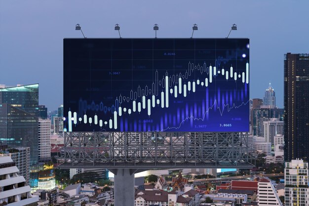 Hologramme graphique FOREX brillant sur le paysage urbain panoramique aérien de Bangkok au coucher du soleil Négociation d'actions et d'obligations en Asie du Sud-Est Le concept de gestion de fonds