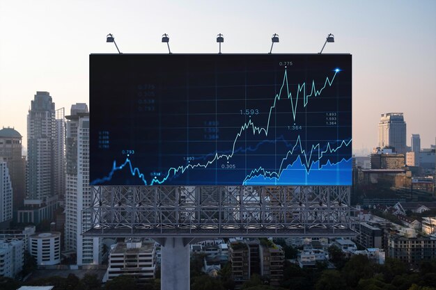 Hologramme graphique FOREX brillant sur le paysage urbain panoramique aérien de Bangkok au coucher du soleil Négociation d'actions et d'obligations en Asie du Sud-Est Le concept de gestion de fonds