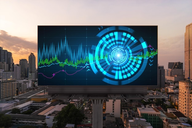 Hologramme graphique FOREX brillant sur le paysage urbain panoramique aérien de Bangkok au coucher du soleil Négociation d'actions et d'obligations en Asie du Sud-Est Le concept de gestion de fonds