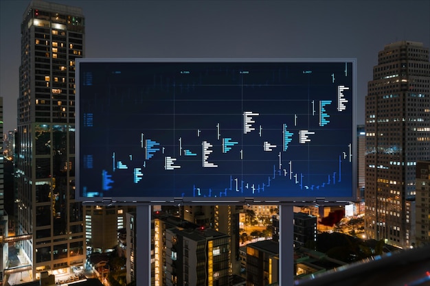 Hologramme de graphique FOREX sur le paysage urbain panoramique de nuit aérienne de panneau d'affichage de Bangkok L'emplacement développé pour les chercheurs en bourse en Asie du Sud-Est Le concept d'analyse fondamentale