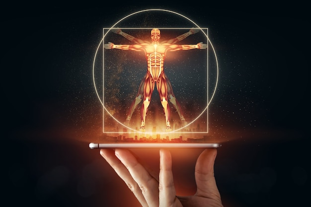 Hologramme de l'homme de Vitruve, la structure des muscles humains, la biologie du système musculaire. Concept d'anotomie humaine.