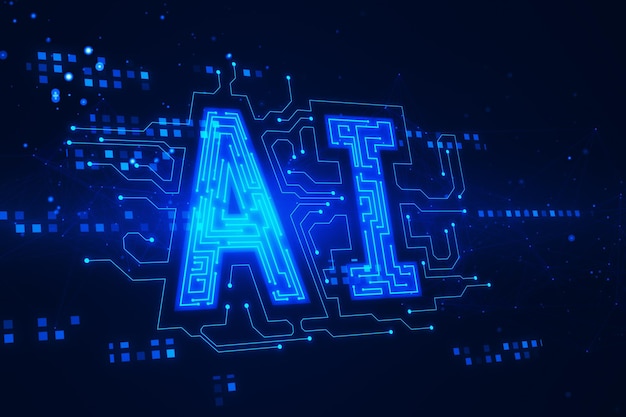 Hologramme IA polygonal bleu numérique brillant créatif sur fond sombre Métaverse d'intelligence artificielle et concept technologique rendu 3D