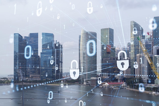 Hologramme d'icône de cadenas sur la vue panoramique sur la ville de Singapour pour protéger les entreprises en Asie Le concept de protection de la sécurité de l'information Double exposition