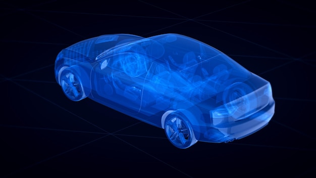 Hologramme d'image vue de dessus d'une voiture isolée sur fond noir.