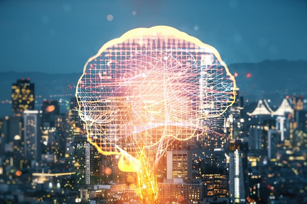 Hologramme d'intelligence artificielle créative virtuelle avec croquis de cerveau humain sur fond de paysage urbain de San Francisco Double exposition