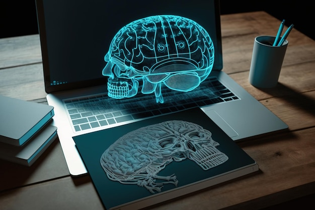 Hologramme d'intelligence artificielle avec un croquis d'un cerveau humain sur un ordinateur portable