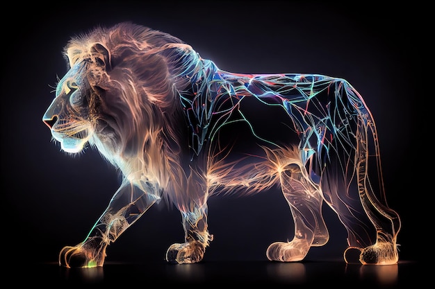 Hologramme de lion sur fond noir IA générative