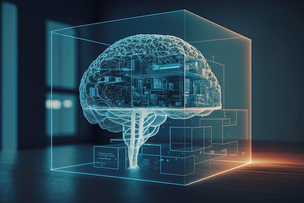 Hologramme de microcircuit de cerveau humain créatif en double exposition sur fond de bureau équipé contemporain Concept de technologie future et d'IA