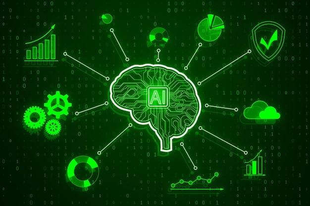 Hologramme numérique brillant créatif sur fond vert flou avec codage binaire AI et éléments hud futuristes Rendering 3D