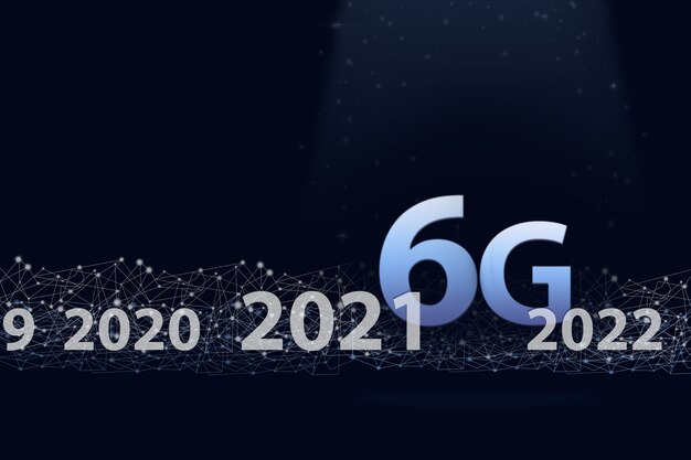 Hologramme numérique du réseau 6G et Internet des objets sur fond bleu foncé. Réseau 6G sans fil