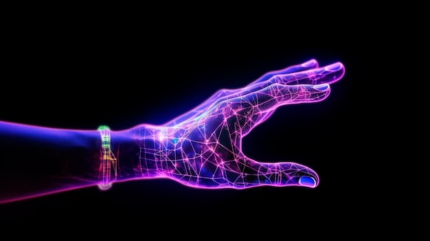 Hologramme numérique à la main sur fond sombre avec espace de copie Connexion au réseau de neurones Communication avec l'intelligence artificielle AI générative