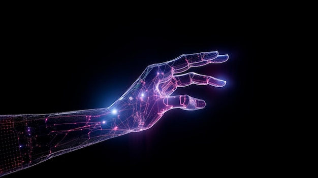 Hologramme numérique à la main sur fond sombre avec espace de copie Connexion au réseau de neurones Communication avec l'intelligence artificielle AI générative