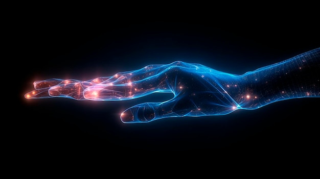Hologramme numérique de main sur fond sombre avec espace de copie IA générative