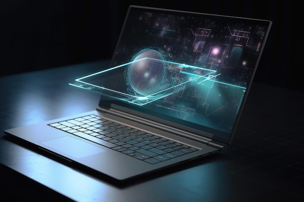 Hologramme d'un ordinateur portable en l'air projetant une interface 3D avec des touches translucides et un écran flottant