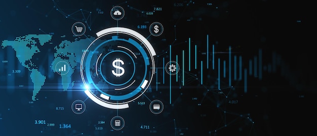 Hologramme de signe de dollar lumineux large et créatif avec graphique et carte forex Commerce de devises et concept de paiement en ligne Rendu 3D