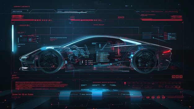 Hologramme de style de voiture dans HUD UI GUI Diagnostics matériels Condition de la voiture Scanning voitures infographie analyse de l'interface utilisateur et diagnostics sous une forme futuriste