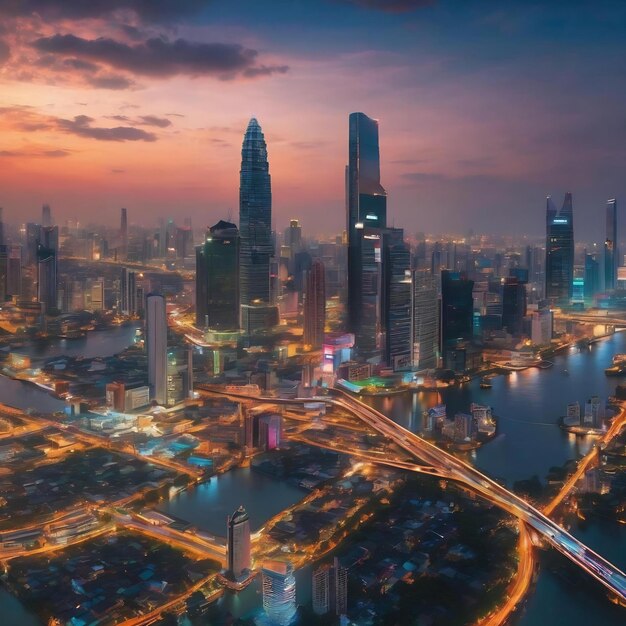 Hologramme de technologie abstraite des icônes lumineuses paysage urbain panoramique de Bangkok au coucher du soleil en Asie le conc.