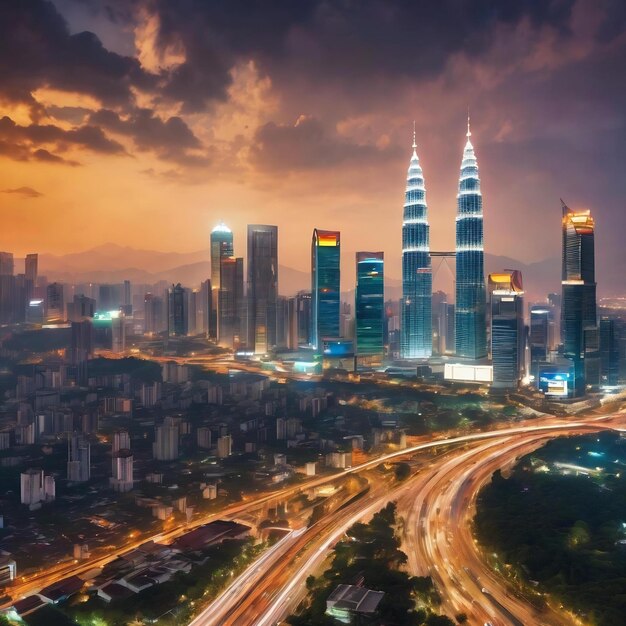 Hologramme technologique sur un panneau d'affichage sur la vue panoramique de la ville de kuala lumpur kl est le plus grand centre technologique