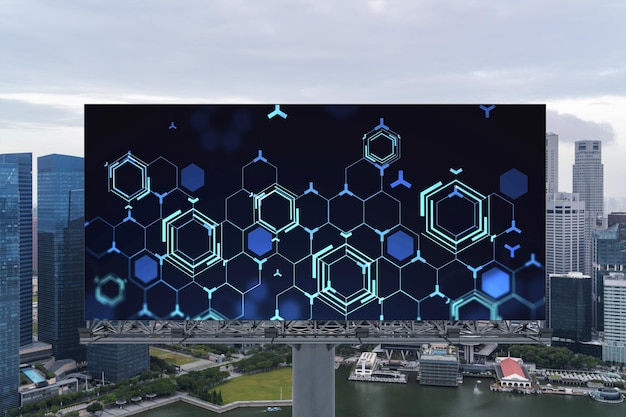 Hologramme technologique sur panneau d'affichage sur la vue panoramique sur la ville de Singapour Le plus grand centre technologique d'Asie du Sud-Est Le concept de développement du codage et de la science de haute technologie