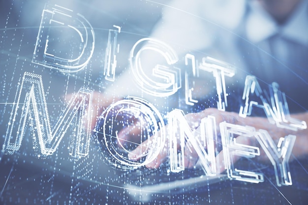 Hologramme sur le thème de la crypto-monnaie avec un homme d'affaires travaillant sur un ordinateur en arrière-plan Concept de blockchain Double exposition