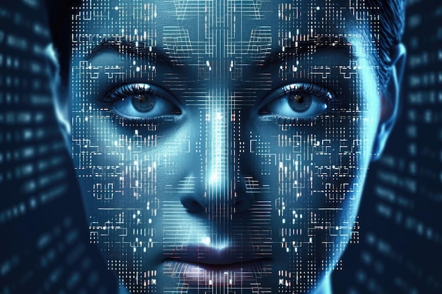 Hologramme de visage féminin numérique sur fond futuriste AI générative