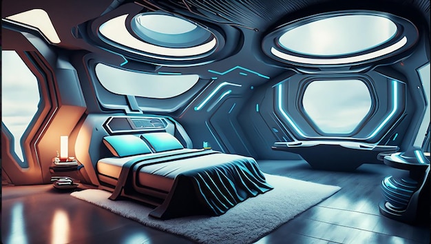 Un holographique intelligent moderne hightech scifi cyberpunk futuriste chambre intérieur 3d décor à la maison