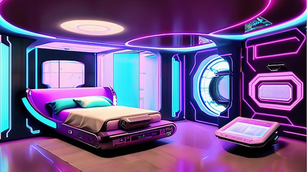 Un holographique intelligent moderne hightech scifi cyberpunk futuriste chambre intérieur 3d décor à la maison