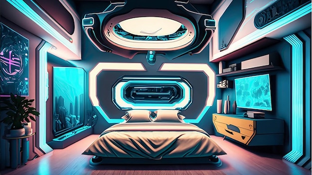 Un holographique intelligent moderne hightech scifi cyberpunk futuriste chambre intérieur 3d décor à la maison