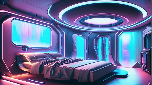 Un holographique intelligent moderne hightech scifi cyberpunk futuriste chambre intérieur 3d décor à la maison