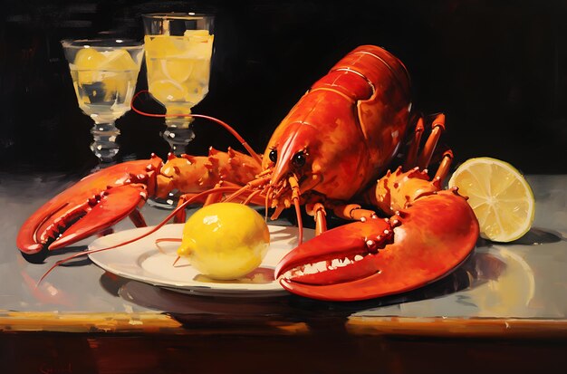 Photo homard sur assiette avec des tranches de citron ai génératif