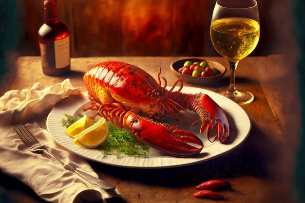 Photo homard cuit avec des tranches de citron sur une table en bois