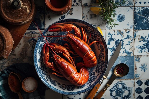 Homard dans un bol sur un fond de carreaux azulejo