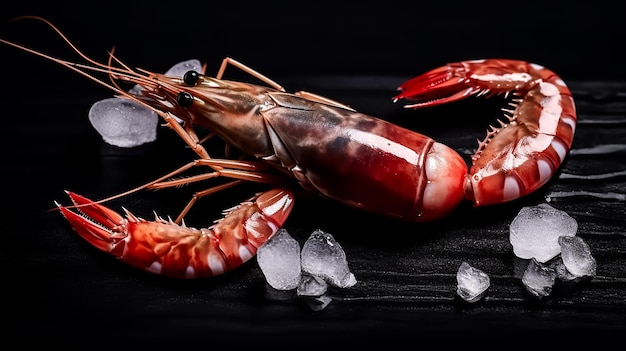 Un homard est assis sur la glace avec de la glace sur la table